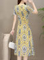 Elegant A-line Round Neck Printed Pattern Midi Dresses (Style V100474)