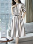 A-line Stand Collar Striped Pattern Polyester Casual Dresses (Style V100486)