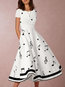 Fit And Flare Round Neck Printed Pattern Polyester Midi Dresses (Style V100511)