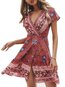 Sexy Wrap V-neck Scarf Print Viscose Boho Dresses (Style V100537)