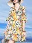 Beach V-neck Printed Pattern Polyester Casual Dresses (Style V100541)