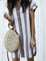 Shirt V-neck Striped Pattern Polyester Casual Dresses (Style V100554)