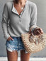 V-neck Standard Straight Plain Button Sweater (Style V101046)