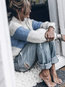 Round Neck Standard Straight Knitted Patchwork Sweater (Style V101048)