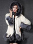 Hooded Long Loose Color Block Fauxfur Coat (Style V101613)