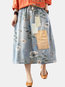 Ankle Length Loose Patchwork Denim Floral Skirt (Style V101766)