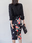 Knee Length Pencil Zipper Polyester Floral Skirt (Style V101795)
