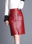 Knee Length Straight Cut Out Pu Leather Plain Skirt (Style V101920)