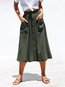 Mid-Calf Straight Button Polyester Plain Skirt (Style V102048)