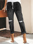 Ankle Length Loose Worn Denim Plain Jeans (Style V102214)