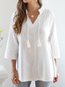 Loose Beach Plain Linen cotton Ruffle Blouse (Style V102535)