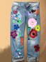 Loose Casual Pattern Denim Floral Jeans (Style V102537)