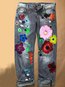 Loose Casual Pattern Denim Floral Jeans (Style V102537)