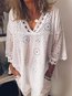 V-neck Midi Loose Plain Polyester Blouse (Style V102540)