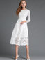 A-line Round Neck Plain Patchwork Lace Midi Dresses (Style V200036)