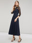 A-line Stand Collar Plain Patchwork Cotton Blends Midi Dresses (Style V200050)