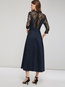A-line Stand Collar Plain Patchwork Cotton Blends Midi Dresses (Style V200050)