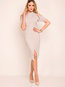 Asymmetrical Stand Collar Plain Asymmetrical Midi Dresses (Style V200062)