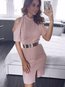 Asymmetrical Stand Collar Plain Asymmetrical Midi Dresses (Style V200062)
