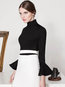 Turtleneck Slim Plain Nylon Cascading Ruffle T Shirt (Style V200215)
