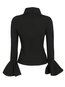 Turtleneck Slim Plain Nylon Cascading Ruffle T Shirt (Style V200215)