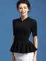 Stand Collar Slim Plain Polyester Cascading Ruffle Blouse (Style V200228)