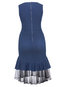 Asymmetrical Round Neck Color Block Patchwork Cotton Blends Midi Dresses (Style V200230)