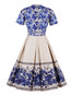 A-line V-neck Color Block Print Cotton Floral Dresses (Style V200231)