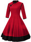 Expansion Stand Collar Color Block Patchwork Cotton Blends Midi Dresses (Style V200283)