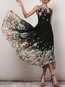Expansion Round Neck Color Block Print Floral Dresses (Style V200539)