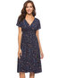 Western A-line V-neck Floral Print Knee Length Dresses (Style V200640)
