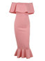 Elegant Mermaid Off The Shoulder Plain Cascading Ruffle Midi Dresses (Style V200708)