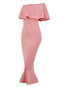 Elegant Mermaid Off The Shoulder Plain Cascading Ruffle Midi Dresses (Style V200708)