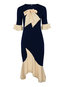 Office Mermaid Bow Collar Color Block Asymmetrical Work Dresses (Style V200815)
