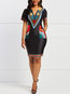 Tribal Bodycon V-neck Geometric Print Knee Length Dresses (Style V200846)