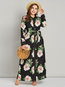 Muslim Expansion Lapel Floral Polyester Maxi Dresses (Style V200876)