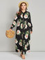 Muslim Expansion Lapel Floral Polyester Maxi Dresses (Style V200876)