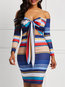 Sexy Bodycon Off The Shoulder Striped Strappy Knee Length Dresses (Style V201019)