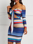 Sexy Bodycon Off The Shoulder Striped Strappy Knee Length Dresses (Style V201019)