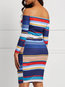 Sexy Bodycon Off The Shoulder Striped Strappy Knee Length Dresses (Style V201019)