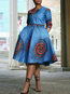 A-line Round Neck Color Block Print Midi Dresses (Style V201077)