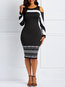 Work Pencil Off The Shoulder Color Block Patchwork Knee Length Dresses (Style V201089)