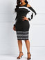 Work Pencil Off The Shoulder Color Block Patchwork Knee Length Dresses (Style V201089)