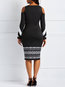 Work Pencil Off The Shoulder Color Block Patchwork Knee Length Dresses (Style V201089)