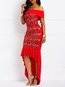 Elegant Off The Shoulder Plain Asymmetrical Polyester Maxi Dresses (Style V201235)