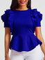 Round Neck Standard Slim Plain Cascading Ruffle Blouse (Style V201294)