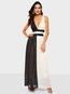 Party V-neck Color Block Patchwork Polyester Maxi Dresses (Style V201303)
