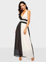 Party V-neck Color Block Patchwork Polyester Maxi Dresses (Style V201303)
