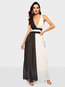 Party V-neck Color Block Patchwork Polyester Maxi Dresses (Style V201303)