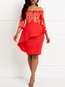 Elegant Bodycon Off The Shoulder Patchwork Satin Knee Length Dresses (Style V201327)